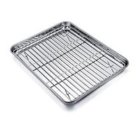 TEAMFAR Plaque de cuisson avec grille de refroidissement, petit moule en acier inoxydable, mini plat de four et grille de refroidissement, 26,3 x 20,5 x 2,5 cm, sain et non toxique, facile à nettoyer