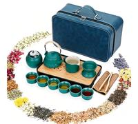 TeamSky Service à thé japonais en céramique, 14 pièces, kit de cérémonie du thé gongfu chinois portable avec infuseur, théière, tasses, tasse à thé, passoire à thé, sac de voyage - Ensemble complet