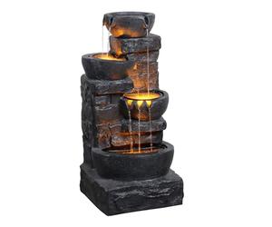 Teamson Home Fontaine Rustique 4 Niveaux Cascade exterieure LED Debit reglable Pierres empilees Gris Fonce
