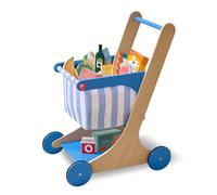 Teamson Kids Chariot de Courses en Bois Jouet d'Imitation Enfant 3+ | Bleu, 13 Accessoires Alimentaires, Panier en Tissu, 2,4 kg