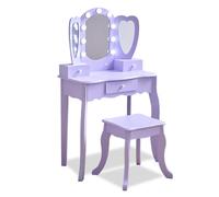 Teamson Kids Coiffeuse Enfant Cœur, MDF, Violet, Miroir LED Triple, 65,1 x 33,1 x 100,1 cm, avec Tabouret et Tiroirs de Rangement