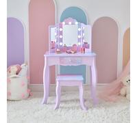 Teamson Kids Stardust Print Gisele Coiffeuse de taille moyenne avec lumières LED et miroir à capteur tactile, tiroir de rangement pour jeux de simulation pour enfants, ensemble de coiffeuse élégante