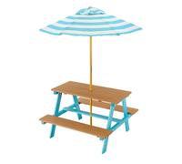 Teamson Kids Table de Pique-Nique en Bois Dakota avec Parasol rayé - Table et bancs de Jeu d’extérieur pour Enfants, Bleu