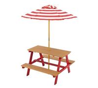 Teamson Kids Table de Pique-Nique en Bois Dakota avec Parasol rayé - Table et bancs de Jeu d’extérieur pour Enfants, Rouge