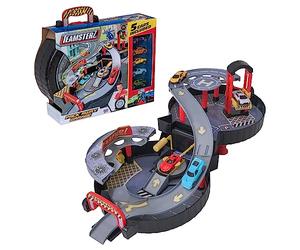 Teamsterz Garage pliable à 2 niveaux | Ensemble de jeu de voiture avec lave-auto, piste et ascenseur | Étui de transport facile à plier | Comprend 3 voitures moulées sous pression | Jeu de garage pour