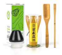 TEANAGOO 4 pièces Kit matcha,Fouet à matcha (Chasen), Cuillère traditionnelle, Cuiller à thé, Support pour fouet en noir mat, I4, L'ensemble idéal pour préparer une tasse traditionnelle de matcha.