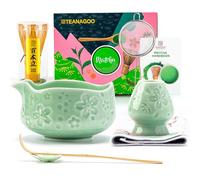 TEANAGOO Ensemble de 7 fouets à matcha bleu et vert, kit de matcha de cérémonie, service à thé matcha pour faire du latte, bol en céramique (chawan) avec bec verseur et fouet, cadeau pour les amateurs
