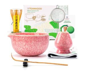 TEANAGOO Ensemble de 7 fouets à matcha rose, kit de matcha de cérémonie, service à thé matcha pour faire du latte, bol en céramique (chawan) avec bec verseur et fouet, cadeau pour les amateurs de