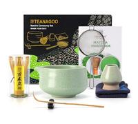 TEANAGOO Ensemble de 7 fouets à matcha vert - Kit de démarrage matcha pour cérémonie - Service à thé matcha pour faire le petit déjeuner/latte - Bol à matcha vert (Chawan) avec bec verseur et fouet