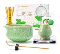 TEANAGOO Ensemble de 7 fouets à matcha verts, kit de matcha de cérémonie, service à thé matcha pour faire du latte, bol en céramique (chawan) avec bec verseur et fouet, cadeau pour les amateurs de
