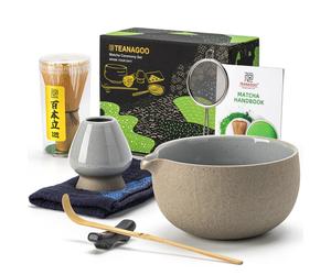 TEANAGOO Fouet à matcha, Ensemble matcha 7 pièces, Kit matcha pour cérémonie, Service à thé matcha pour préparer petit-déjeuner/latte, Ensemble fouet à matcha et bol (chawan) avec tous les accessoires
