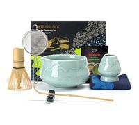 TEANAGOO Fouet à Matcha Japonais (7pcs) Set de Matcha Kit Mtacha Bol à Matcha avec bec verseur Fouet à Matcha en Bambou (chasen) Scoop (chashaku) Support pour Fouet à Matcha.N36,Bleu Céladon