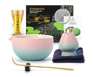 TEANAGOO Fouet à matcha rose, kit matcha rose, ensemble de fouet à matcha pour faire le petit déjeuner/latte, ensemble de 7 fouets à matcha et bol avec tous les accessoires, cadeau pour les amateurs