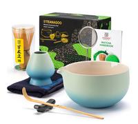 TEANAGOO Matcha Kit (7pcs) Set de fouet à matcha Bol à matcha avec bec verseur Fouet à matcha en bambou (Chasen) Pelle (Chashaku) Support de fouet à matcha Set de préparation.N31,Bleu dégradé