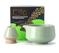 TEANAGOO Lot de 2 bols à matcha avec bec, bol à matcha en céramique et porte-fouet, 2 pièces Macha Chawan de 510 ml, vert clair mat avec couture noire avec support, bol à thé vert, coffret cadeau pour