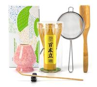 TEANAGOO Lot de 6 fouets à matcha (100 broches) avec support rose, ensemble traditionnel de démarrage avec cuillère (Chashaku), cuillère à thé, chasen en bambou pour faire du latte, accessoire de