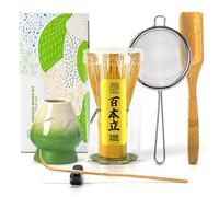 TEANAGOO Lot de 6 fouets à matcha (100 broches) avec support vert, ensemble traditionnel de démarrage 6 pièces, cuillère à thé, cuillère à thé, chasen en bambou pour la fabrication de latte