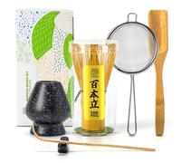 TEANAGOO Lot de 6 fouets à matcha traditionnels en bambou (100 broches) avec support noir, pelle (chashaku), chasen en bambou pour la fabrication de latte, accessoire de cérémonie, cadeau pour ami