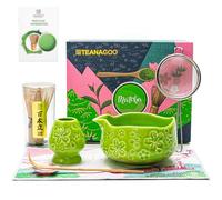 TEANAGOO Lot de 7 fouets à matcha verts avec motif fleurs de cerisier, kit complet de cérémonie, bol Chawan en céramique avec bec, fouet et accessoires, service à thé matcha traditionnel pour lattes