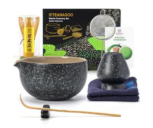 TEANAGOO Matcha Kit (7 pièces) Ensemble de fouet à matcha Bol à matcha avec bec Fouet à matcha en bambou (chasen) Cuillère (chashaku) Support pour. N17