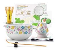 TEANAGOO Matcha Kit 7 pièces, Fouet Matcha, Kit de cérémonie à matcha pour faire du latte ，Bol en céramique (chawan) avec bec verseur et fouet， Cadeau pour les amateurs de matcha（Blanc & Fleur）