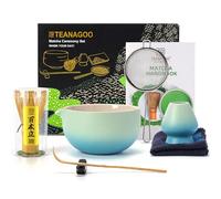 TEANAGOO Matcha Kit (7pcs) Set de fouet à matcha Bol à matcha avec bec verseur Fouet à matcha en bambou (Chasen) Pelle (Chashaku) Support de fouet à matcha Set de préparation.N31,Bleu dégradé