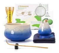 TEANAGOO Matcha Kit Bleu 7 pièces, Fouet Matcha, ensemble pour préparer un latte au matcha, ensemble pour fouetter le matcha avec bol, cuillère et tamis, bol en céramique Fuji Design