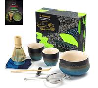 TEANAGOO Matcha Kit Matcha Bowl avec Spout moulé en bambou Matcha Whisk Scoop Matcha Whisk Holding Tee Making Kit. 1 set de thé japonais (7pcs) +2 tasses (7,2 oz), S33, Gradient Marine Noir