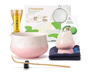 TEANAGOO Matcha Kit Rose 7 pièces, Fouet Matcha, ensemble pour préparer un latte au matcha, ensemble pour fouetter le matcha avec bol, cuillère et tamis, bol en céramique Fuji Design