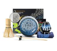 TEANAGOO Matcha Set, Bec Verseur, Bleu Minuit, Bol Céramique, Fouet Bambou | 7 pièces : bol céramique avec bec verseur 510 ml, fouet bambou 100 dents, cuillère, tamis, support, serviette, manuel