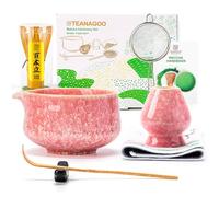 TEANAGOO Set à matcha avec bec verseur, blush givré, bol en céramique | Ensemble de 7 pièces de matcha : sans plomb. Bol en céramique avec bec, fouet en bambou 100 dents, cuillère, tamis, supports