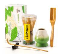 TEANAGOO Set de Fouet à Matcha, Fouet à Matcha (100 Branches) avec Support Vert, Set de Démarrage Traditionnel 6 Pièces, Cuillère (Chashaku), Cuillère à Thé, Chasen en Bambou pour Préparer Latte, Acce