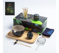TEANAGOO Set de thé Matcha avec plateau, set de thé japonais, bol de Matcha, fouet en bambou, tamis, support pour fouet à Matcha, set de fouet à Matcha, O1, gris anthracite