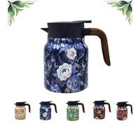 Teapot with Vintage Floral Pattern, Spill-Free V-Spout, Multi-layer Insulation, Stainless Steel Thermal Carafe for Tea & Coffee (Blue)