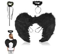 Teaque Ailes d'ange, Ailes et auréole d'ange Baguette Magique, Ailes d'anges Plumes,Ailes d'ange Costume de fête Fancy Dress pour Fête Costumée Carnaval,Cosplay,Halloween (Noir)