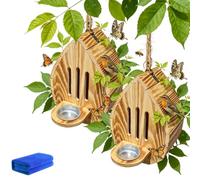 Teardrop Shaped Wooden Butterfly House, Hanging Butterfly Habitat & Feeder with Reinforced Rope, Weatherproof Butterfly Shelter Natural Pollinator Insect House Garden Yard Patio Decor (2PC)
