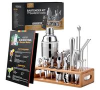 TEAVAS Mixology Kit de Barman avec doseur Japonais et Support en Bambou - Ensemble de Fabrication de Cocktails 25 pièces en Acier Inoxydable - Shaker, passoire, mixeur, cuillère, Pilon, Outils de Bar