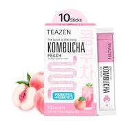 TEAZEN - Kombucha Pêche - Thé probiotique fermenté instantané - 10 sachets - Sans sucre, Végan, Faible en calories - Boisson fruitée Coréenne en poudre avec prébiotiques