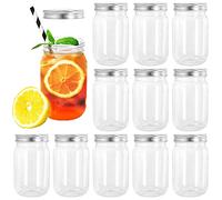 Tebery Lot de 12 bocaux Mason en plastique transparent avec couvercles monobloc, 473,6 g, incassables, vides rechargeables pour avoine, miel, épices et herbes