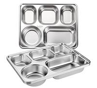 Tebery Lot de 3 assiettes rectangulaires en acier inoxydable avec 5 sections séparées, idéales pour adultes, enfants, personnes exigeantes, camping-car et contrôle des portions
