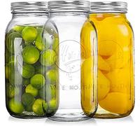Tebery Lot de 3 bocaux Mason à large goulot de 1,8 l avec couvercles hermétiques et bande - Bocaux de rangement en verre transparent pour mise en conserve, fermentation, marinage, stockage
