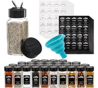 Tebery Lot de 30 pots à épices carrés en verre avec bouchons noirs, conteneurs à épices vides de 118 ml, ensemble complet de rangement comprenant un large entonnoir et des étiquettes