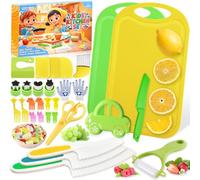 TEBOKHAD 29 Pièces Couteau Enfant pour Cuisine, Kit Couteaux Sécurité, pour Couper et Cuire des Fruits ou Légumes, avec Planche, Découpeur, Éplucheur, Jouet Cuisine pour Enfant 2 Ans