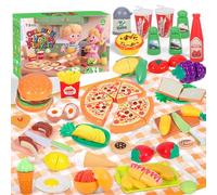 TEBOKHAD Accessoire Cuisine Enfant Ensemble, 52 PCS Kit Cuisine Enfant, Jeu De Rôle De Chef pour Enfants avec Nourriture en Jouet, Jeux De Rôle Montessori, Cadeau Fille Garcon 3 4 5 6 7 Ans