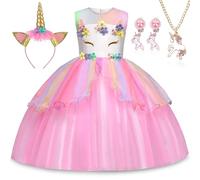TEBOKHAD Robe Licorne Enfant De Princesse, Robe Princesse Licorne, Avec Collier, Clips D'oreilles Et Bandeau, Convient Pour Les Deguisement De Halloween, Fête D'anniversaire (110cm)