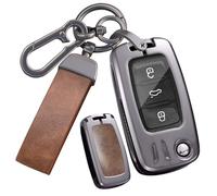 TECART Coque de clé de voiture - Convient pour Volkswagen Atlas Golf GTI Jetta Passat Tiguan Touareg Beetle - Alliage de zinc - Cuir TPU - 3 boutons - Marron long