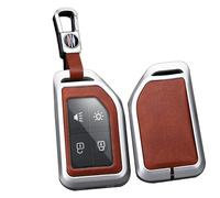 TECART Coque de clé de Voiture Intelligente Compatible avec Volvo Cargo 555 FH16 FM FH EVRO Truck Motif Cuir Portable Housse de Protection pour clé Accessoires Clé A 4 Boutons, Argenté/Marron.,