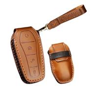 TECART Coque de clé en cuir avec porte-clés pour clé BYD Han Ev Tang Dm 4 boutons, marron, Brown