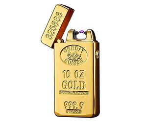 TECH DISCOUNT Briquet Double Arc Électrique Rechargeable USB Couleur Dorée Lingot Or Coupe-Vent Cadeau Homme Briquet Cigare