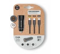 Tech One Chargeur de voiture TEC2810/ 2xUSB + Câble 3 en 1/ 2.4A